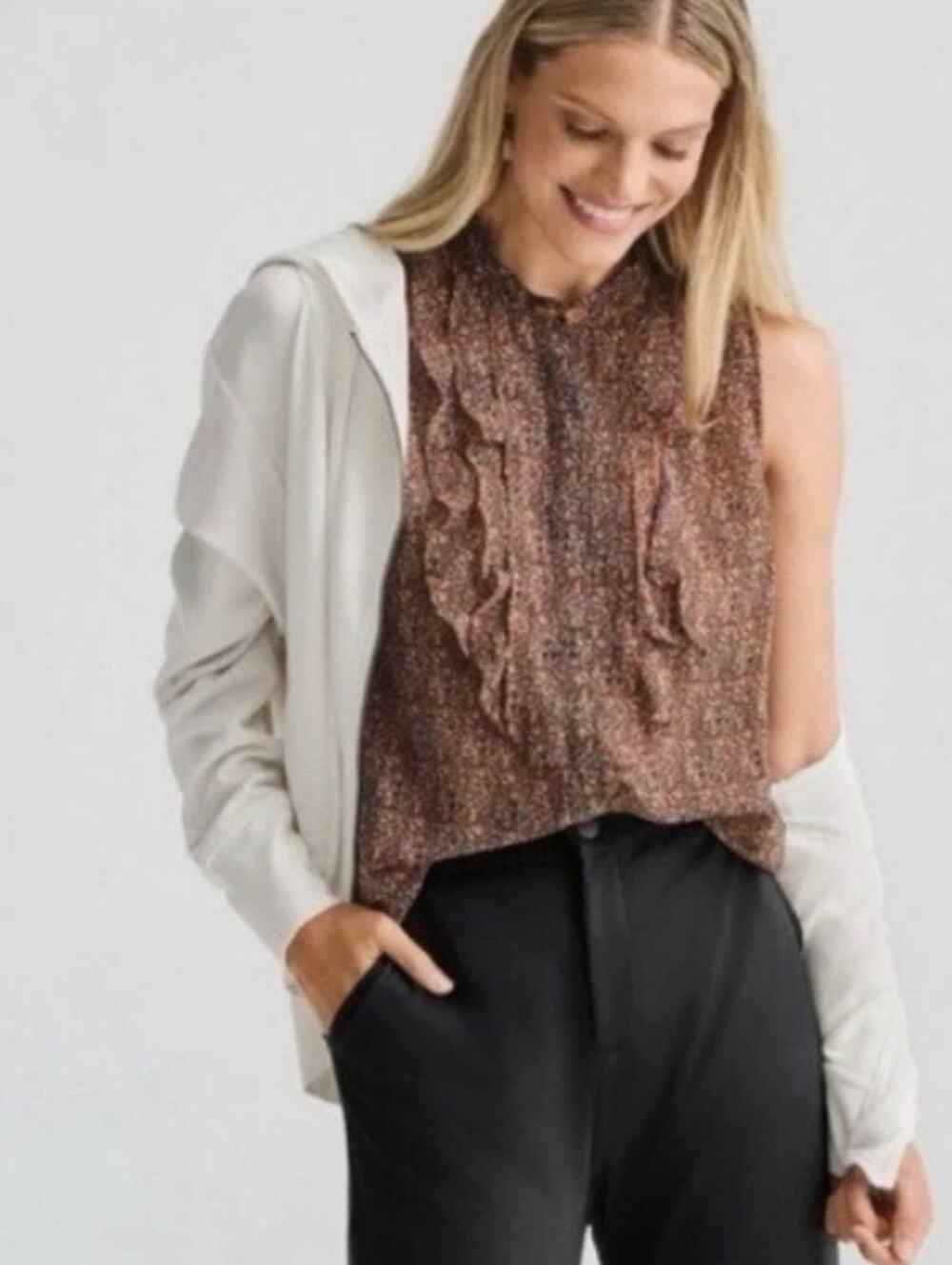 Cabi 6319 Tux Ruffle Top Spring 2023 Large Floral Sleeveless Blouse NWT